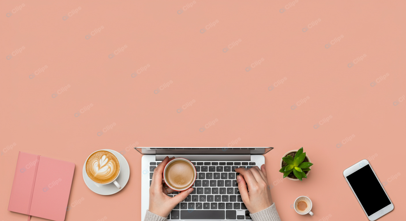 Laptop Workspace with Coffee and Smartphone on Pink Background