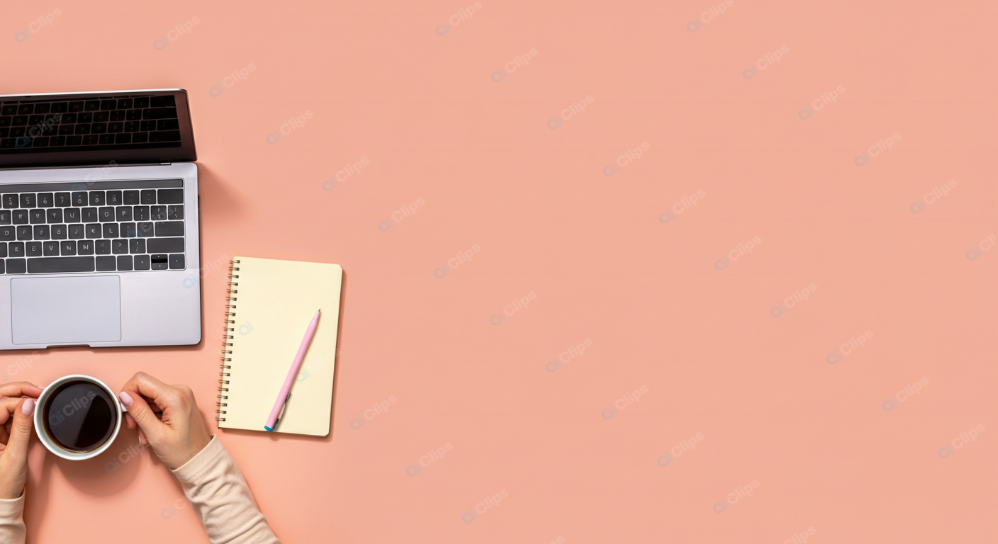 Workspace with Laptop, Notebook, and Coffee Mug on Peach Background