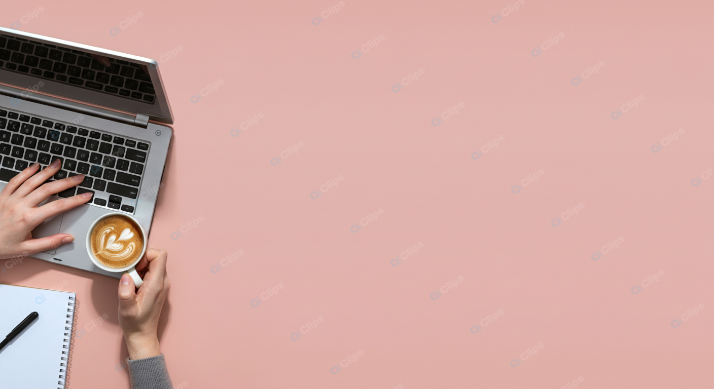Laptop Workspace with Coffee on Pink Background