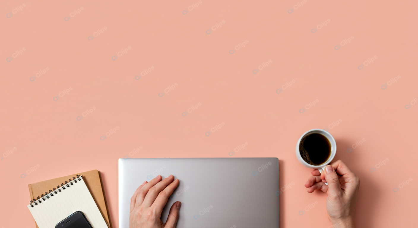 Laptop Workspace with Coffee and Notepad on Peach Background