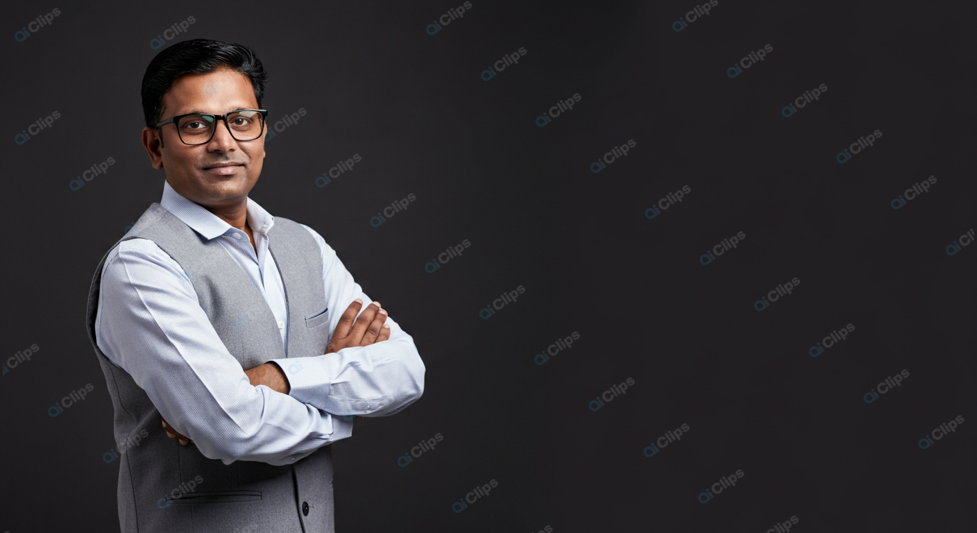 Professional Confident Businessman with Glasses on Dark Background