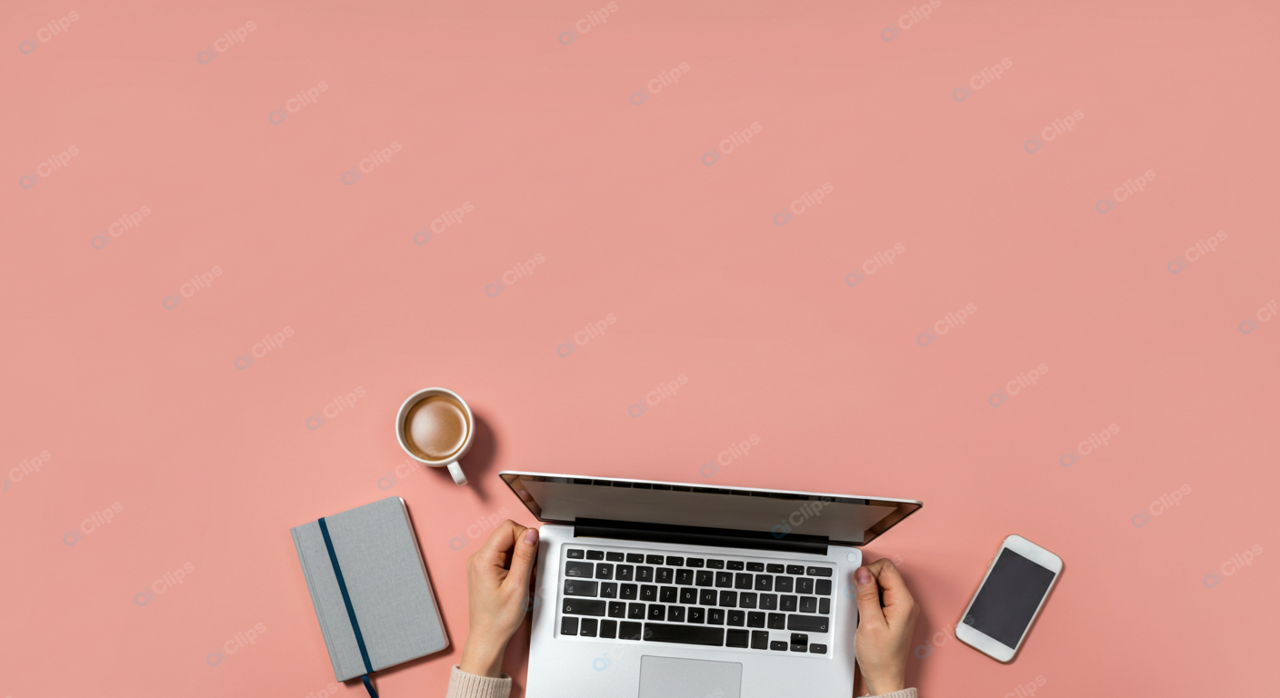 Workspace Flat Lay with Laptop, Coffee, Notebook, and Phone