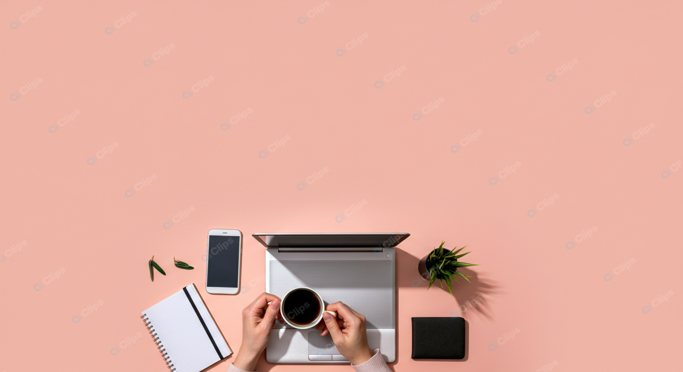 Workspace Flat Lay with Laptop, Coffee, Smartphone, and Notebook on Pink Background