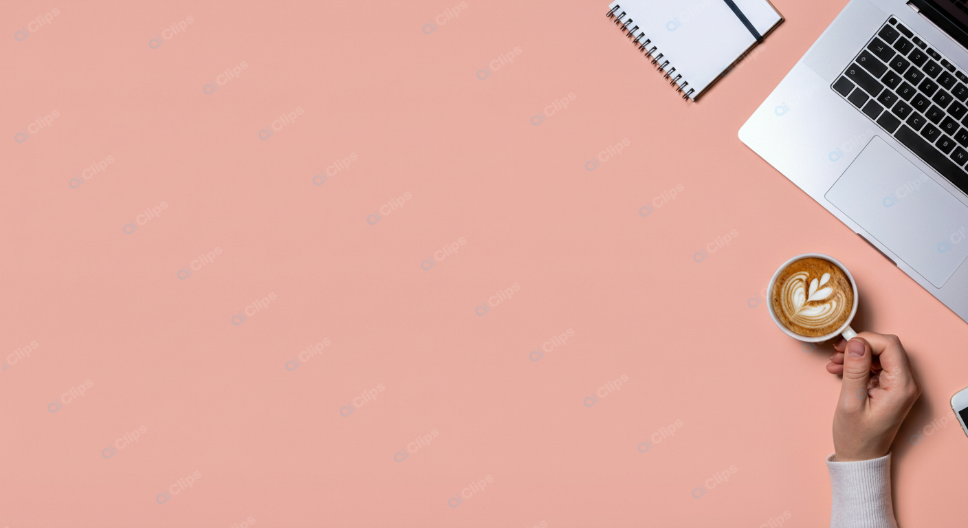 Laptop with Coffee Cup and Notebook on Pink Background