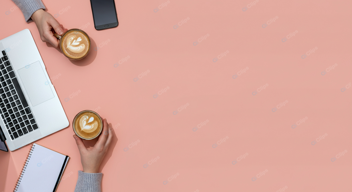 Laptop and Coffee Workspace on Pink Background