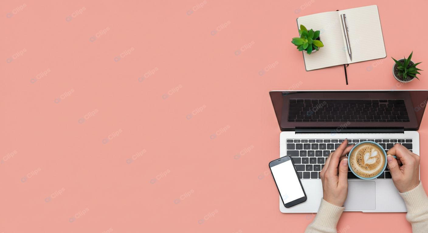 Laptop Workspace with Coffee, Smartphone, and Notebook on Pink Background