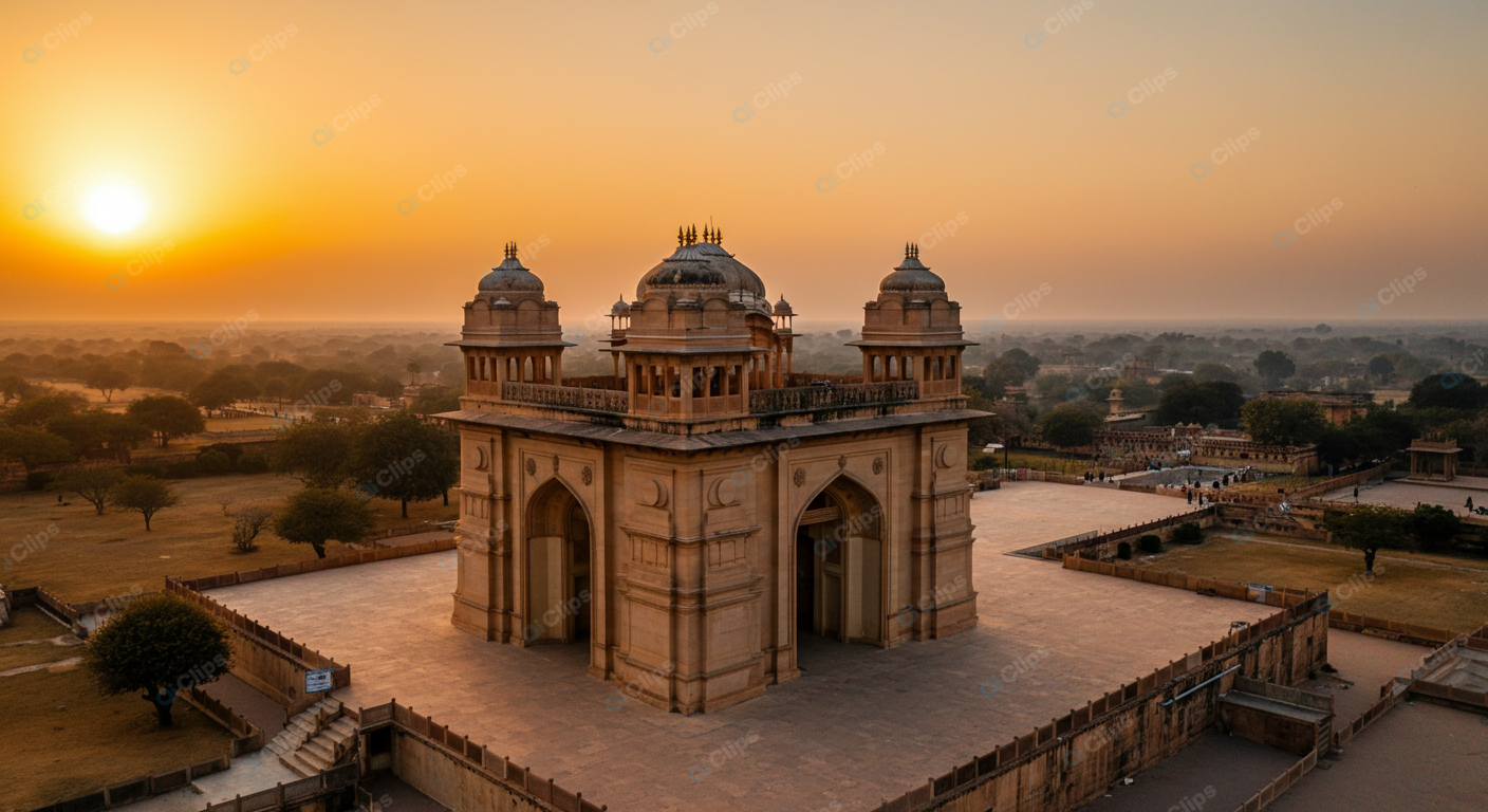 Sunset Over Historic Indian Palace with Scenic Landscape