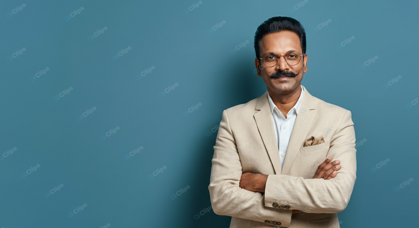 Professional Man in Beige Suit with Crossed Arms on Blue Background