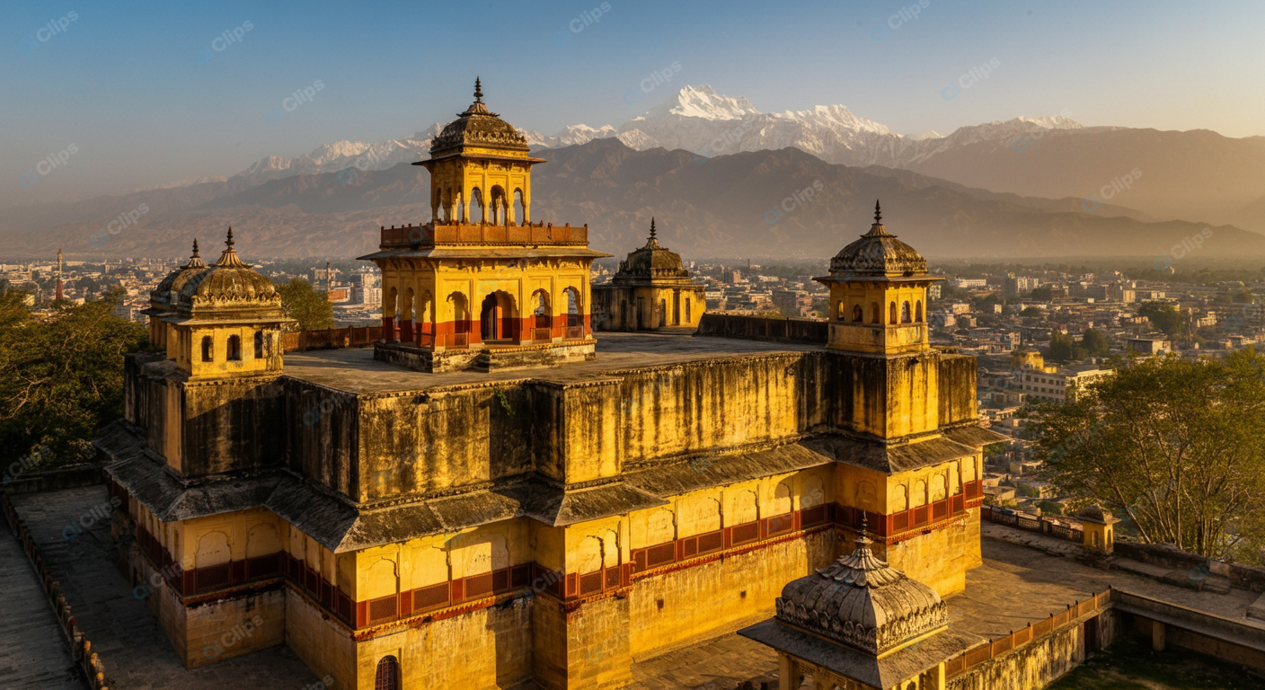 Ancient Fortress Overlooking Mountain City at Sunrise