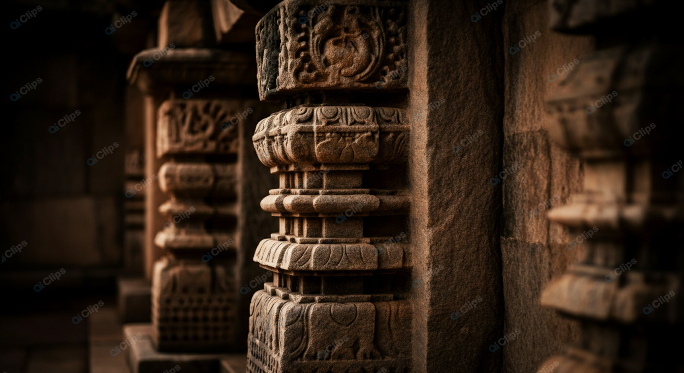 Intricately Carved Stone Pillars of Ancient Temple