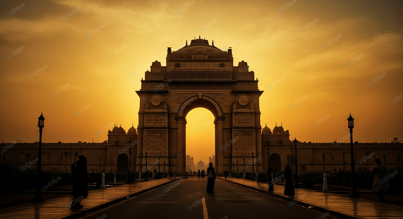 Sunset at Iconic Arch Monument with Silhouetted Visitors