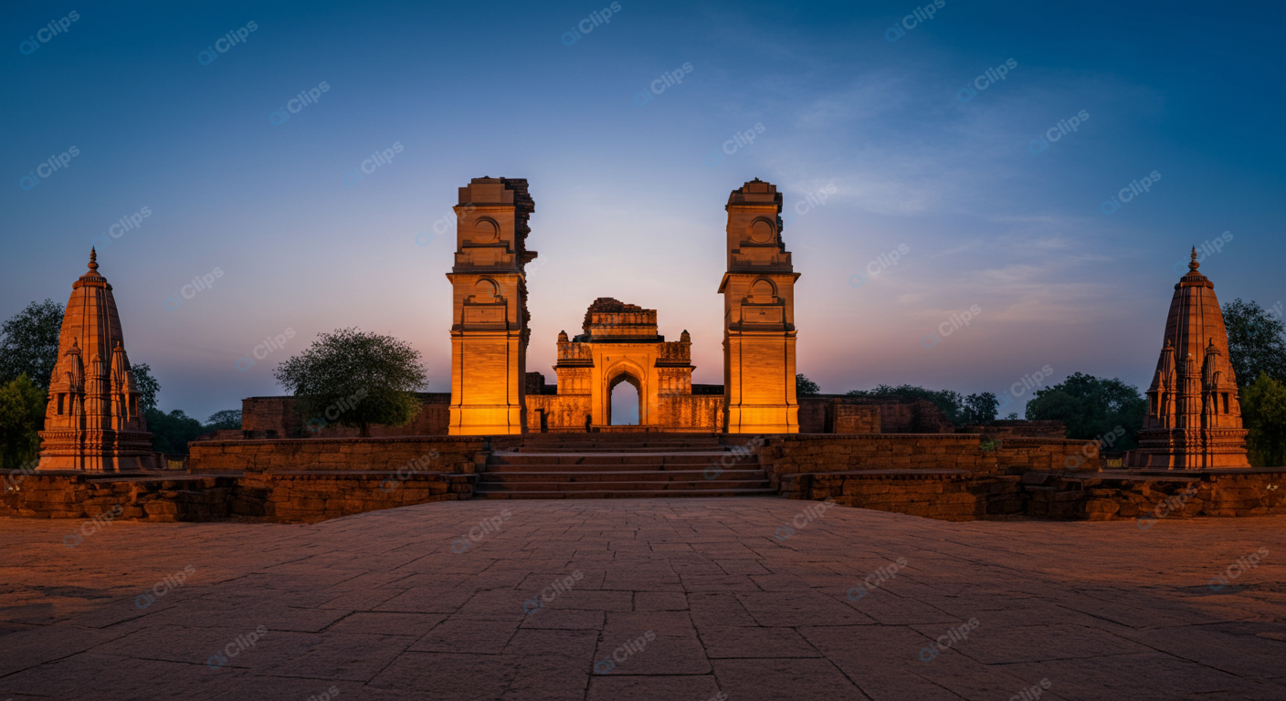 Sunset Over Ancient Indian Temple Ruins