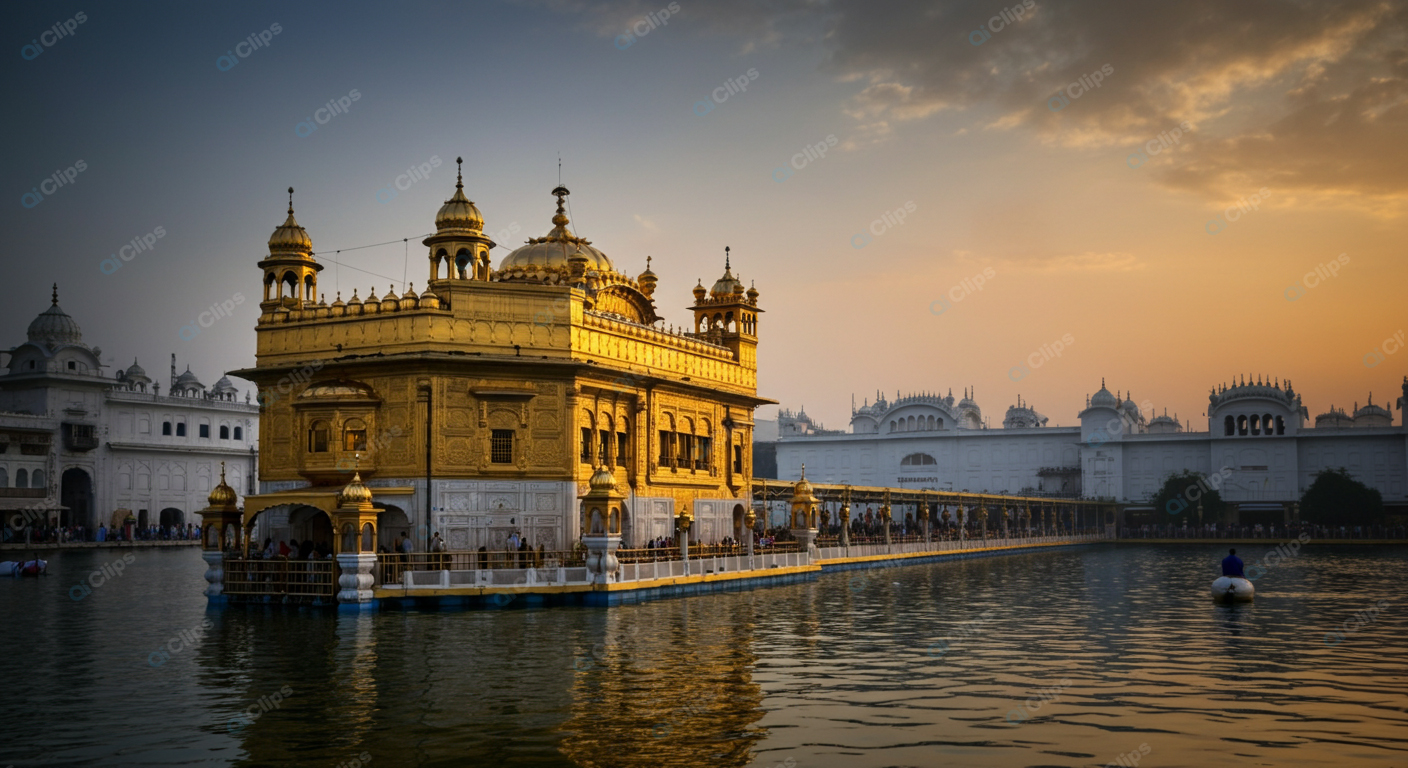 Golden Temple at Sunset with Reflective Waters