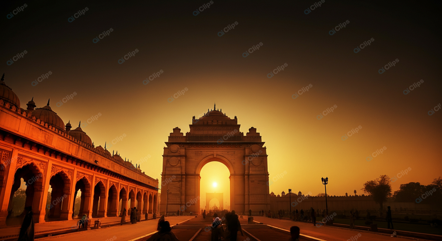 Sunset at Historic Gateway with Silhouetted Crowd