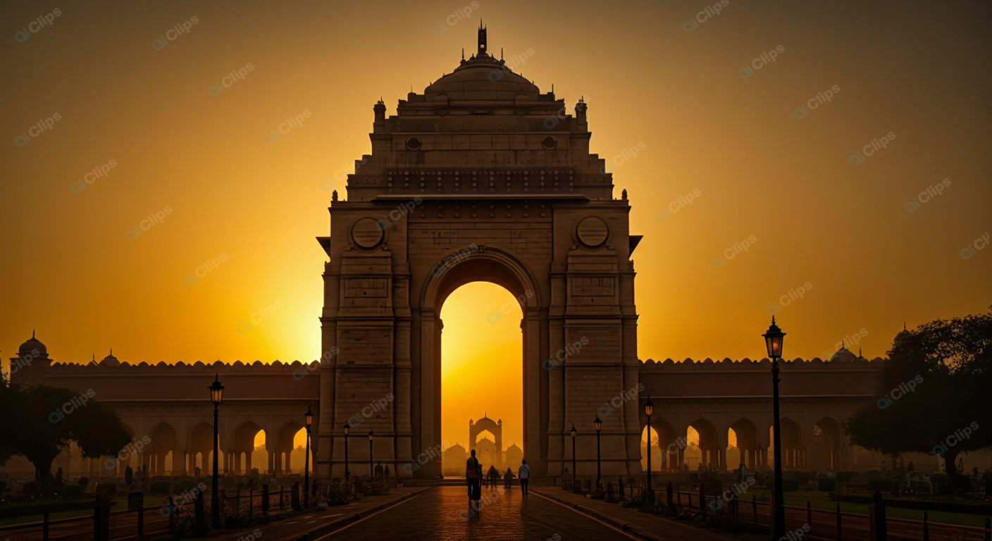 Sunset at Monumental Arch in Urban Landscape