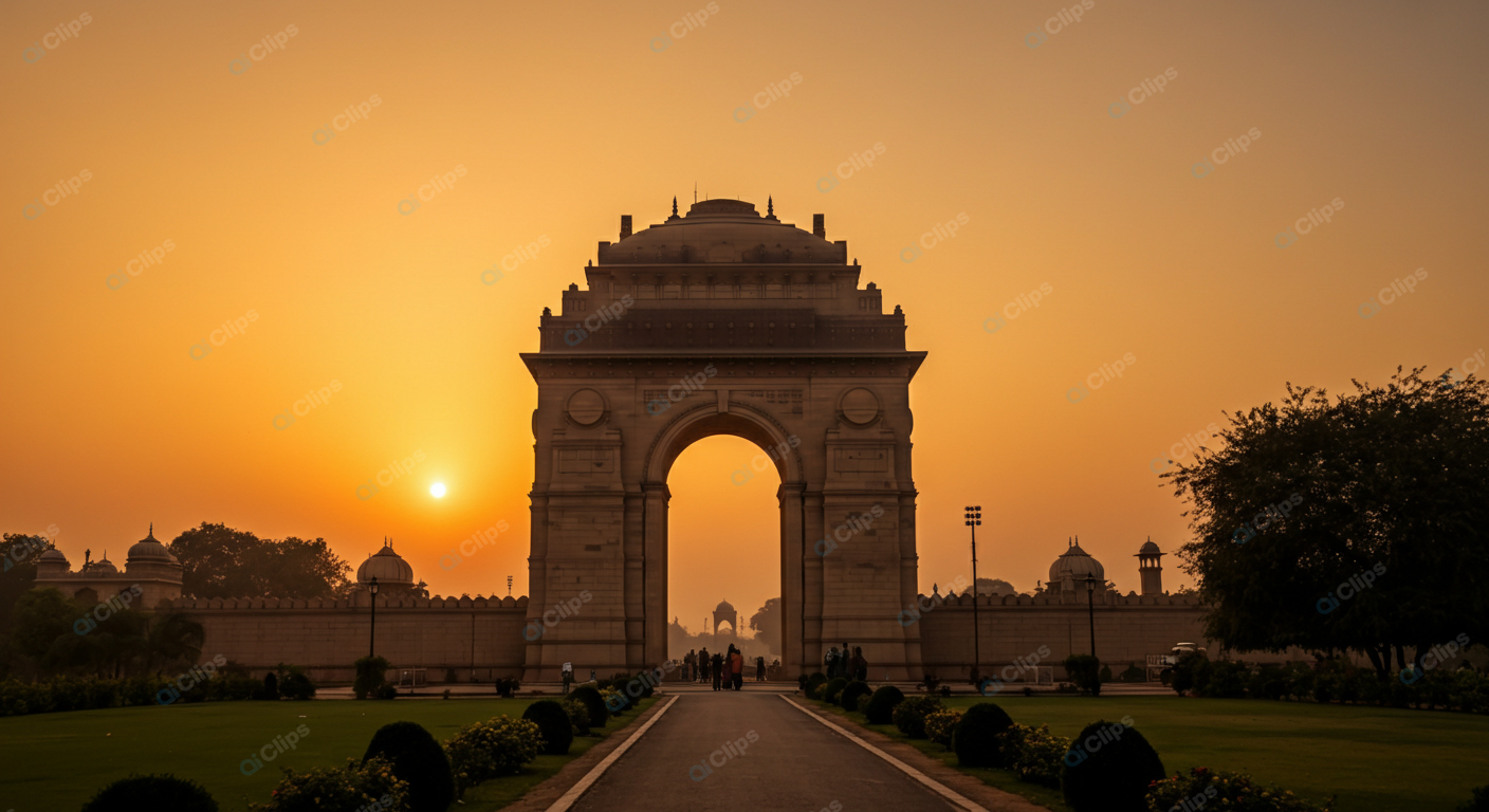 Sunset View of Historic Monument with Gardens