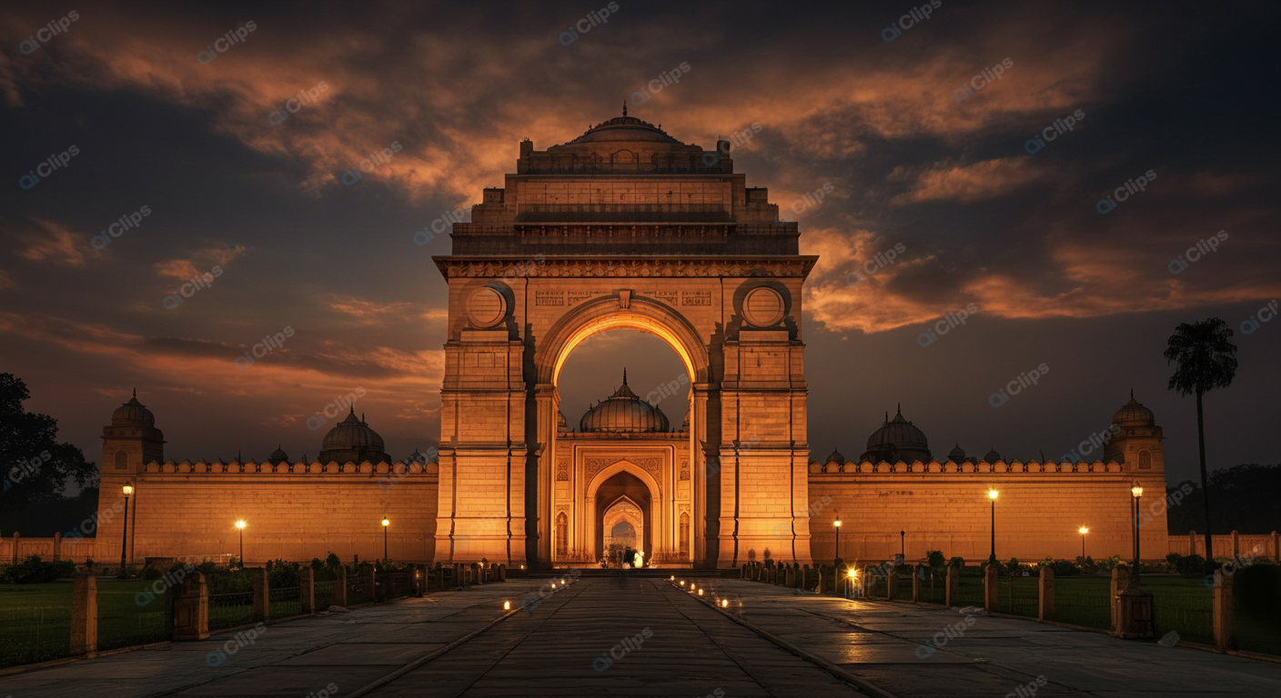 India Gate Illuminated at Sunset in New Delhi