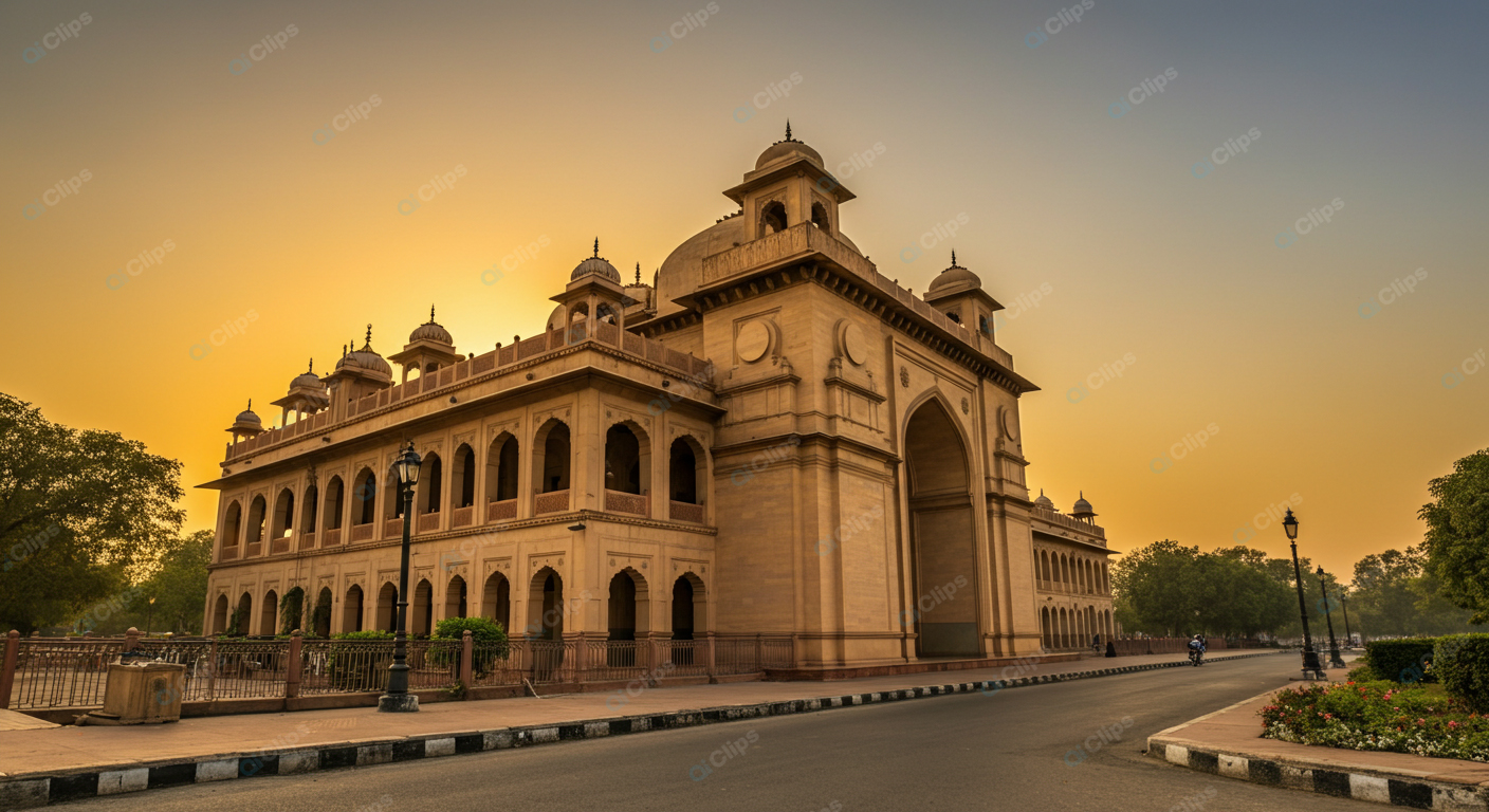 Elegant Historic Building at Sunrise in Peaceful Setting