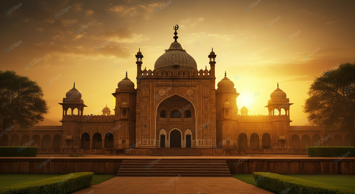Sunset Silhouette of a Historic Mosque with Arches and Domes
