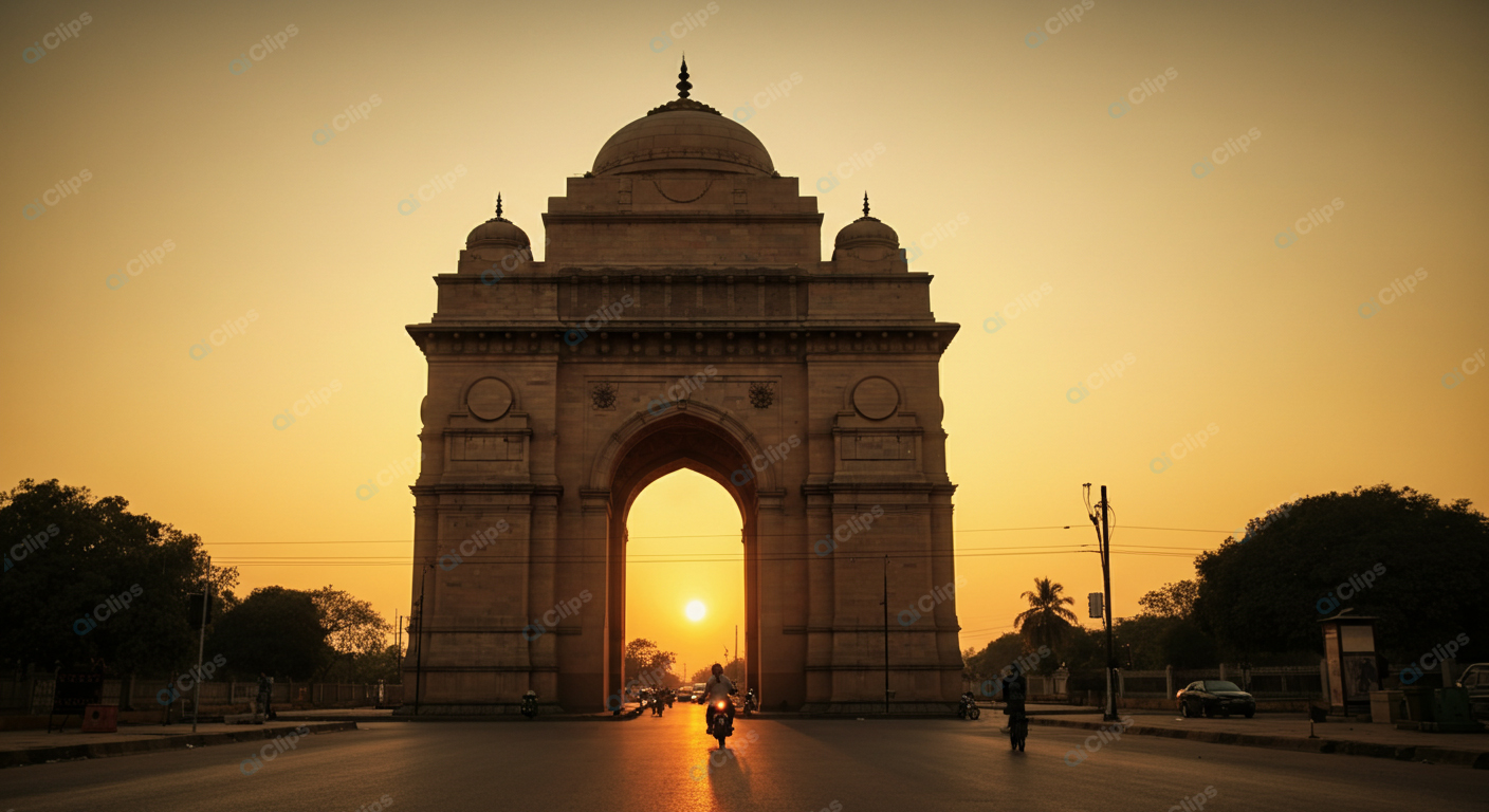 India Gate at Sunset with Motorcyclists