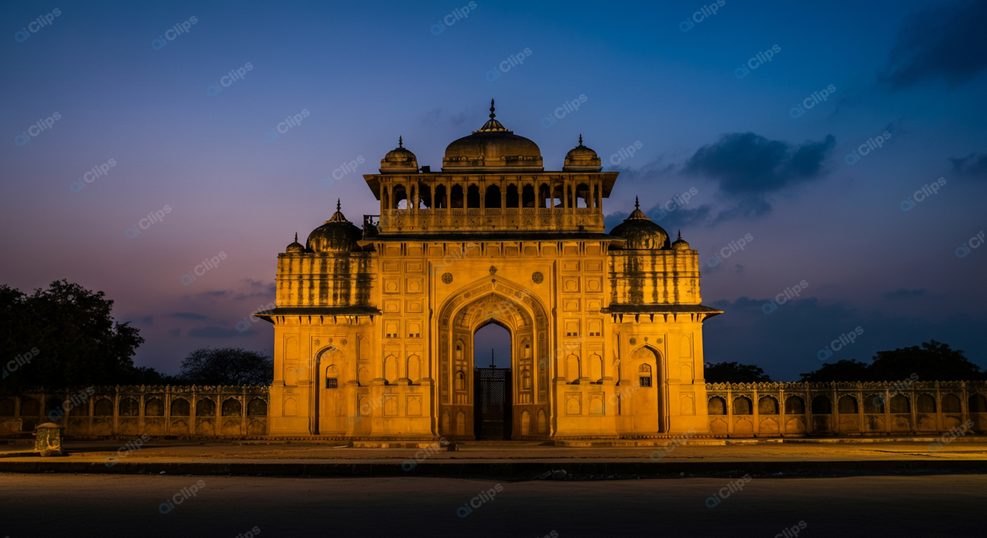 Illuminated Historical Gate at Sunset