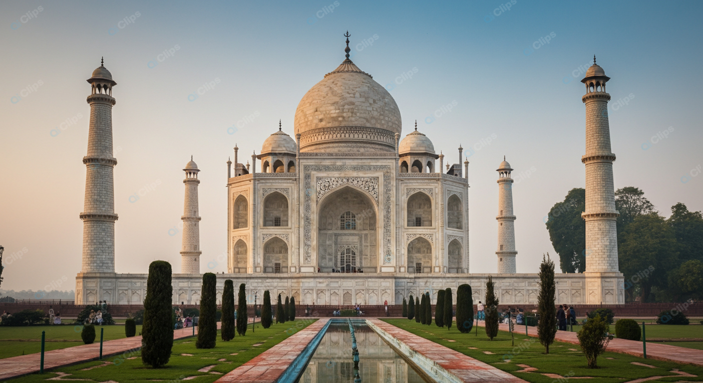 The Taj Mahal at Daybreak with a Serene Reflective Pool
