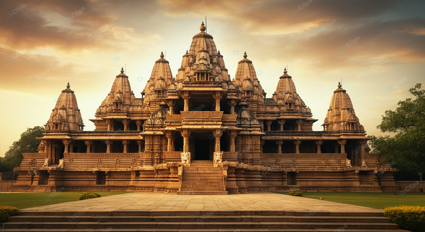 Ancient Temple at Sunset with Majestic Architecture