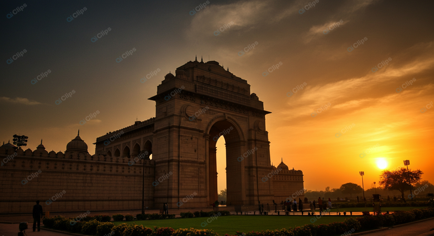 Sunset at Iconic Monument Gateway with Silhouettes