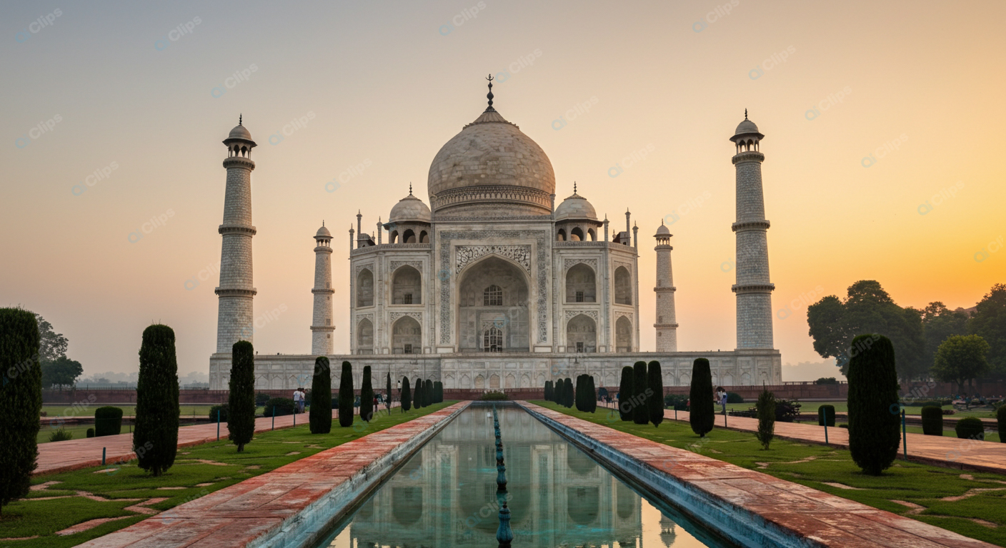 Taj Mahal at Sunrise with Reflection in Pool