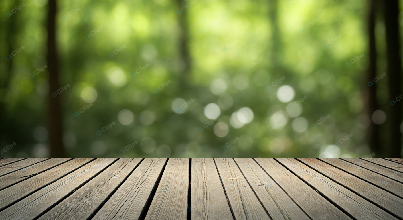 Wooden Deck Overlooking Green Forest Bokeh Background