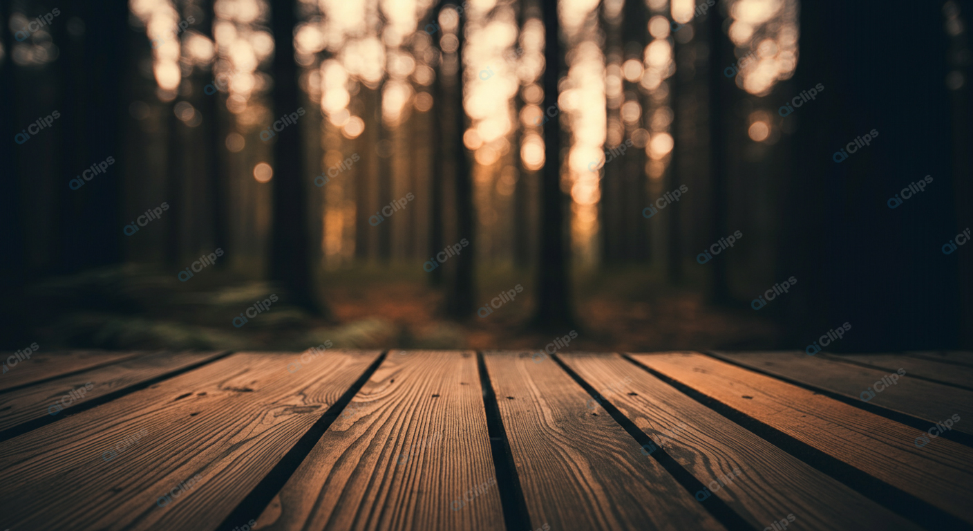 Wooden Deck Overlooking Mystical Forest at Sunset