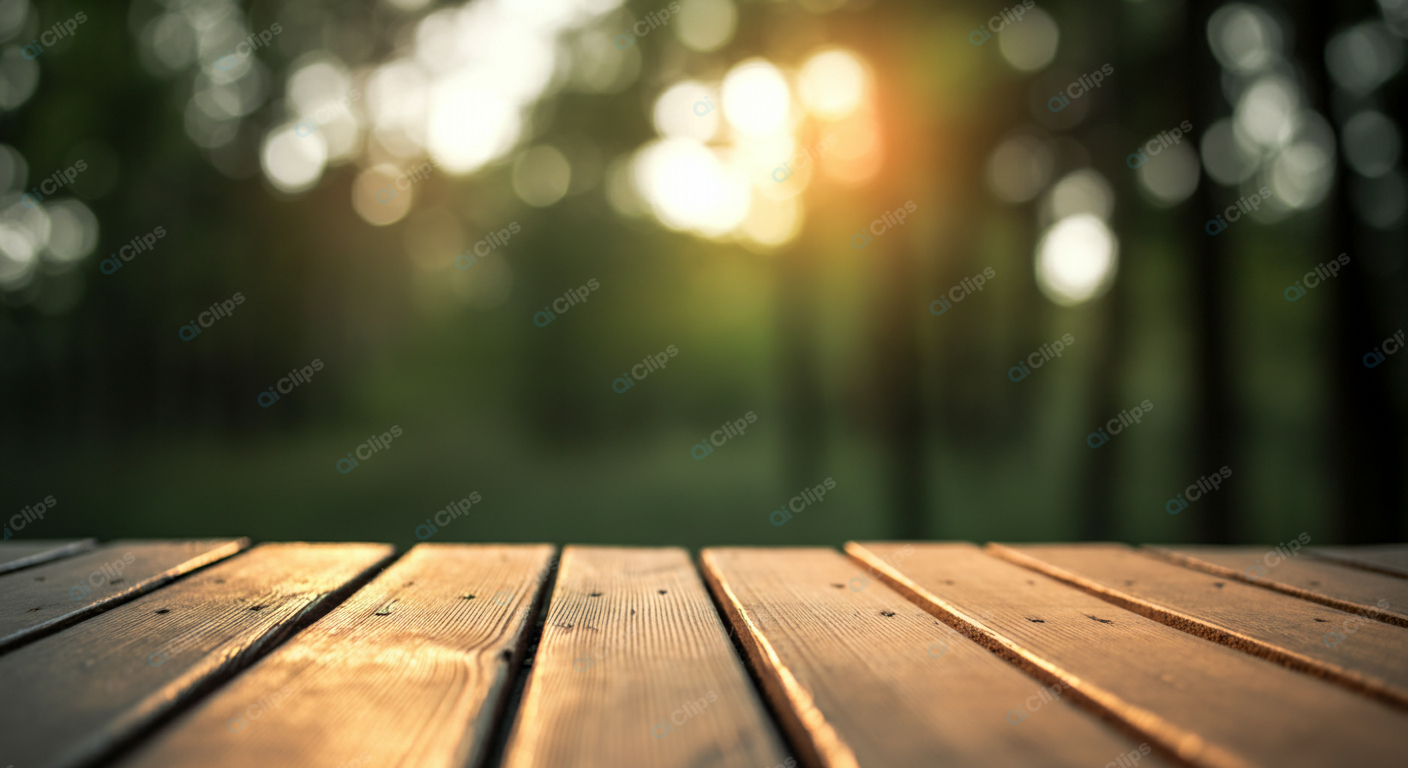 Sunlit Wooden Table in Forest Setting