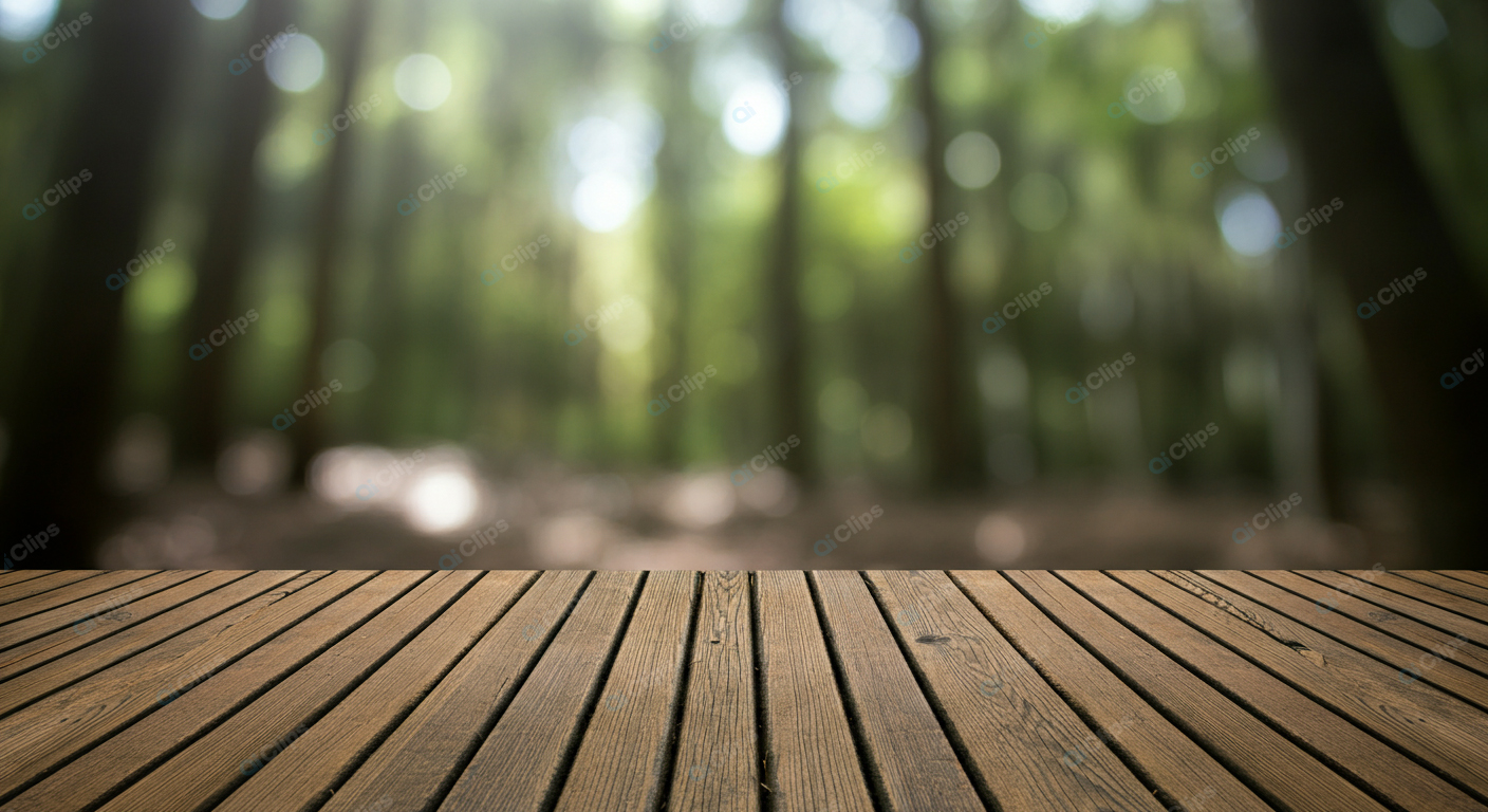 Wooden Deck Overlooking Blurred Forest Background