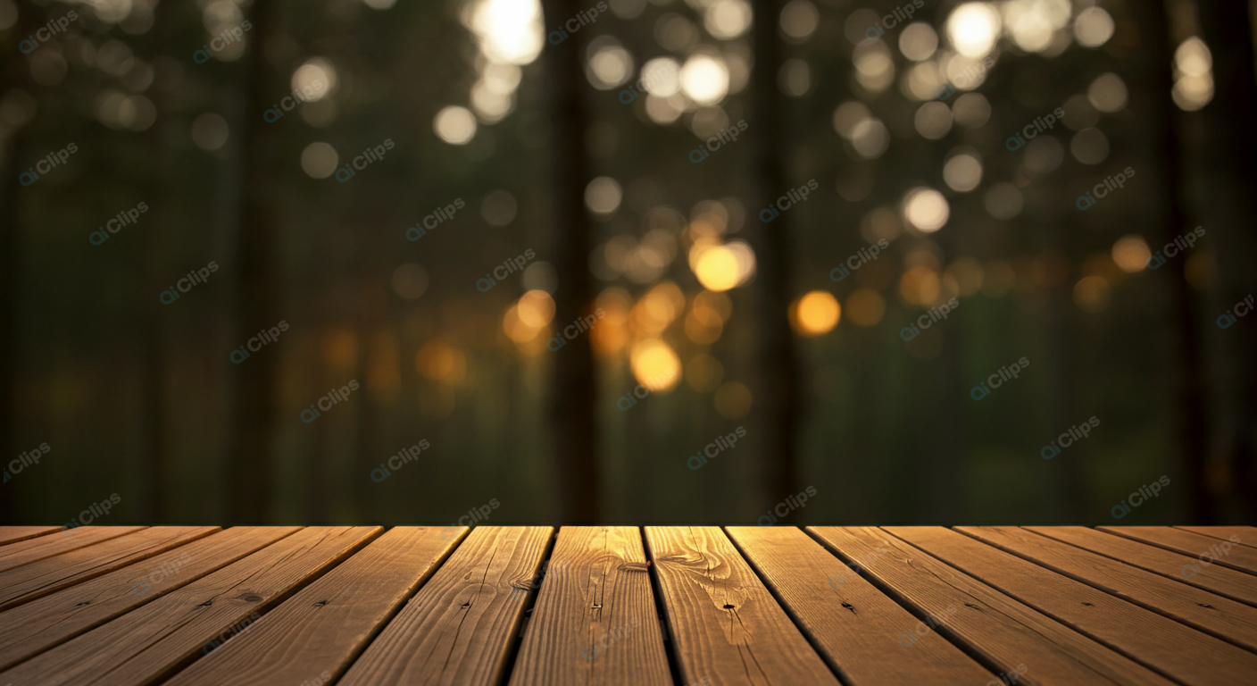 Wooden Deck Overlooking Forest With Sunlight 

