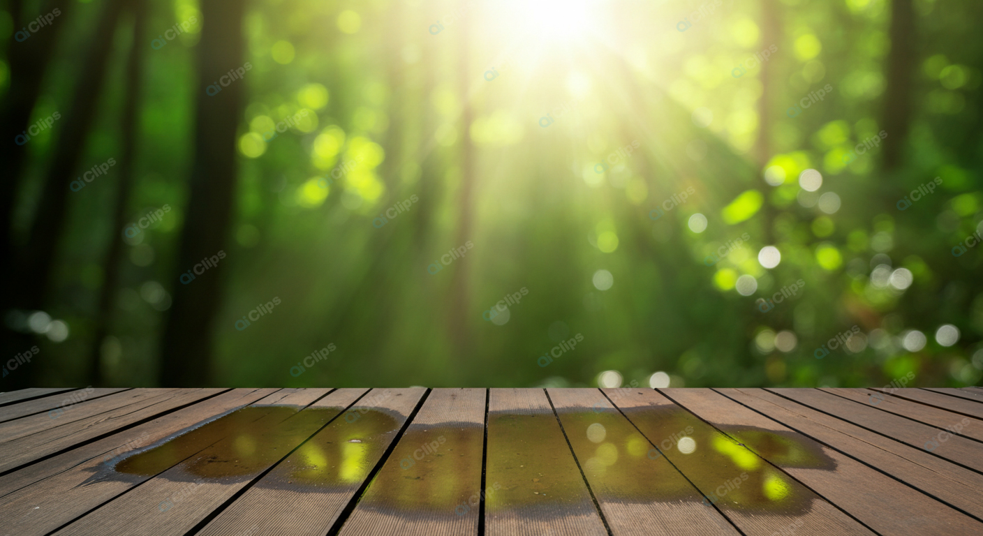 Sunlight Streaming Through Forest onto Wet Wooden Deck