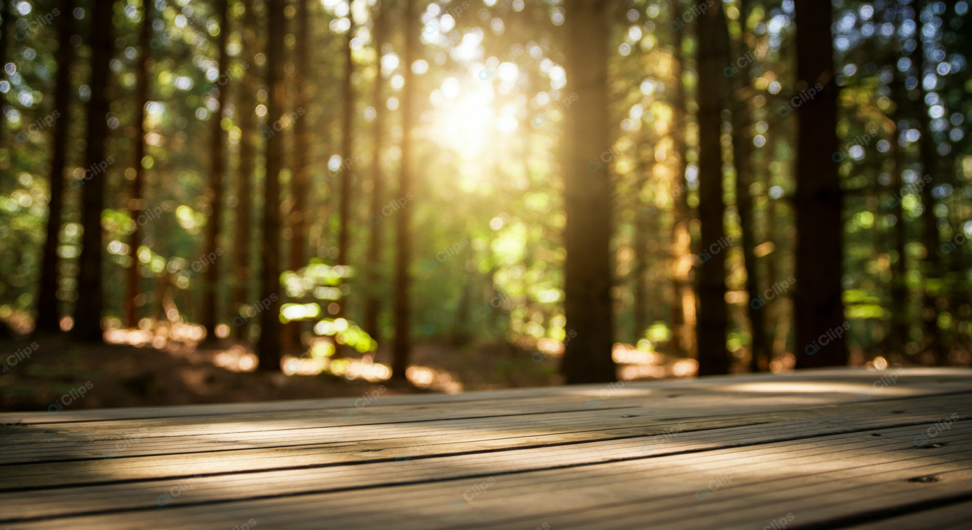 Sunlit Forest with Wooden Deck in Tranquil Setting