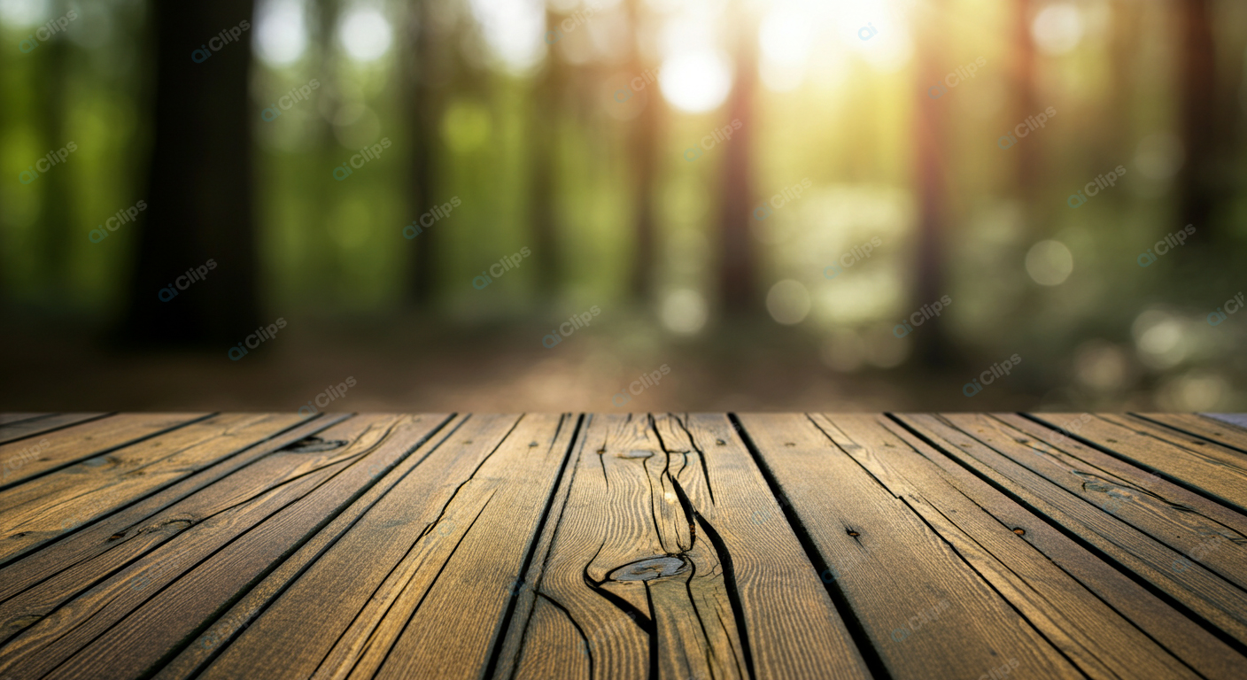 Wooden Table with Forest Background in Sunlight