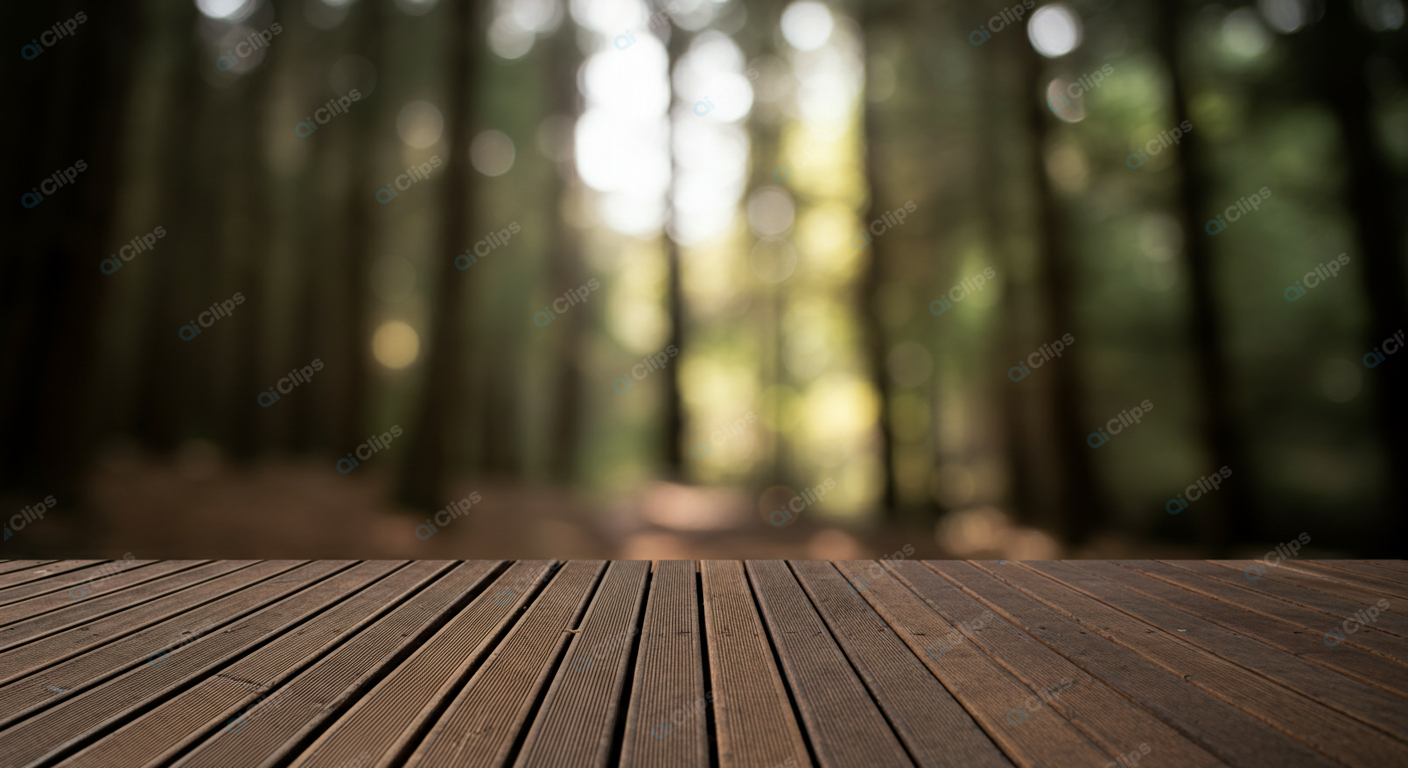 Blurred Forest Background with Wooden Deck