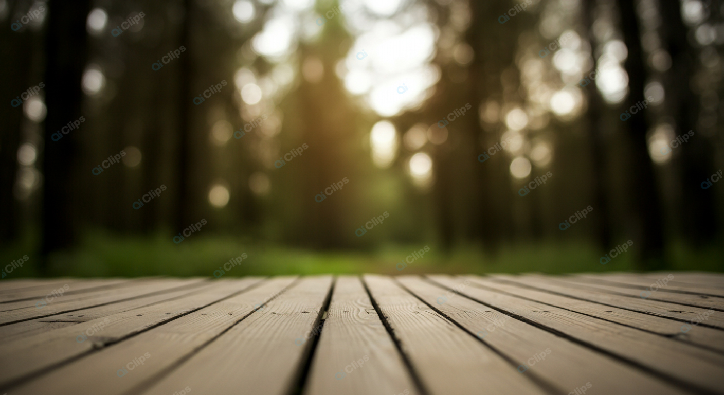 Wooden Deck with Forest Background in Golden Light