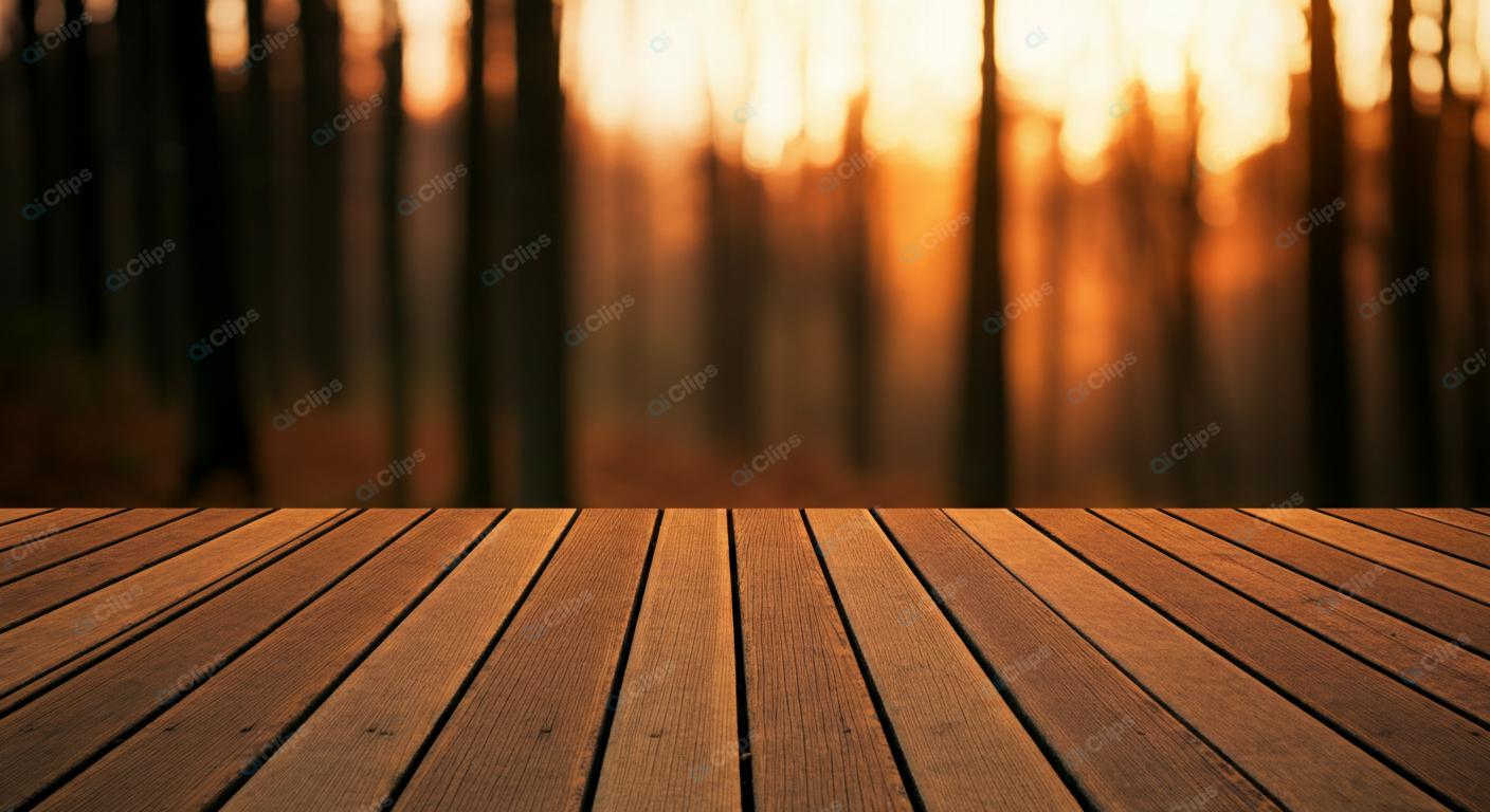 Wooden Deck Against Blurred Forest Sunset Background
