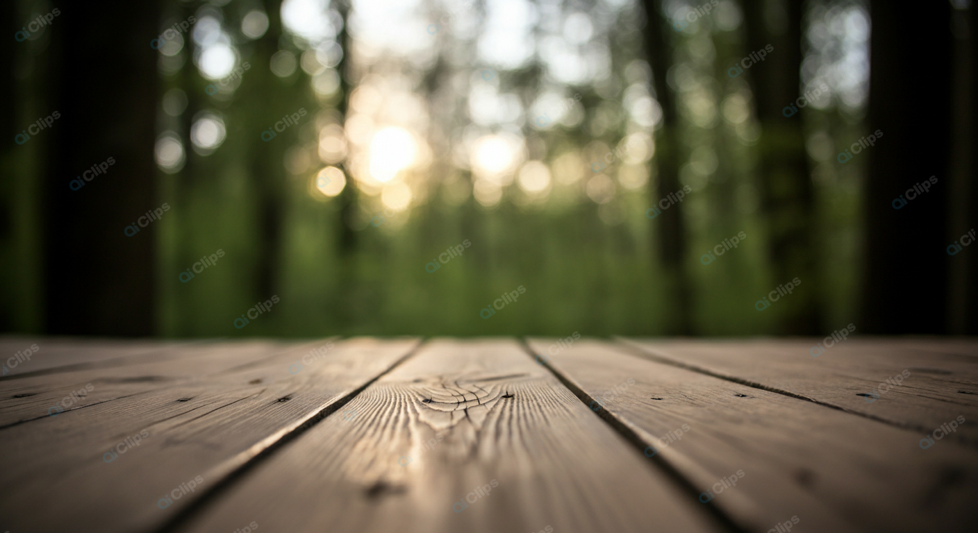 Wooden Deck with Sunlit Forest Background