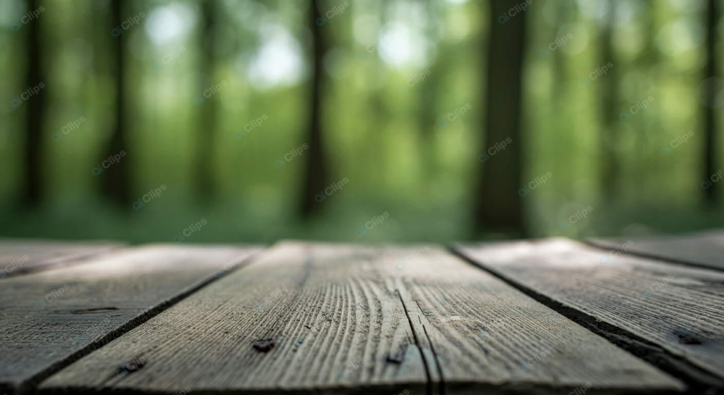 Rustic Wooden Table in Forest Blur Background