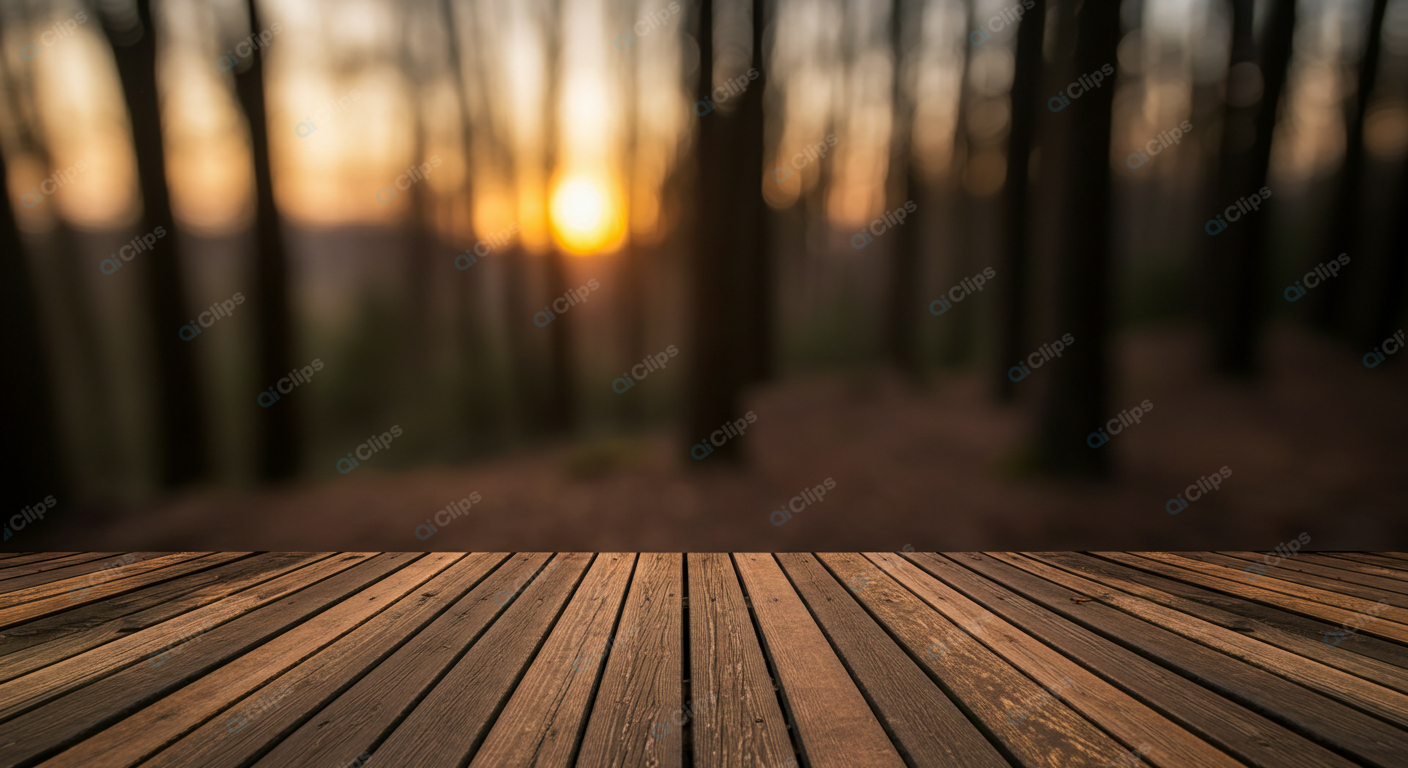 Wooden Deck Overlooking Forest Sunset