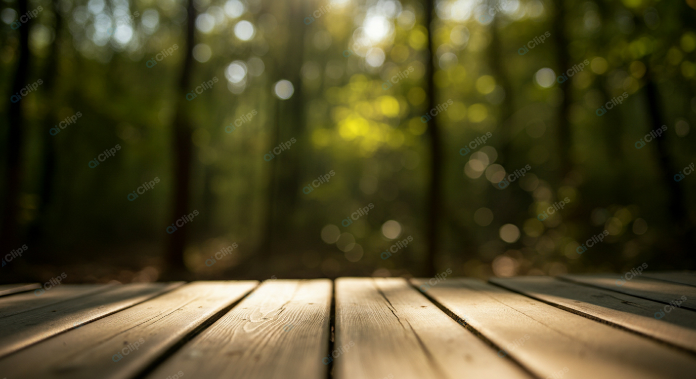 Wooden Deck in Sunny Forest Background