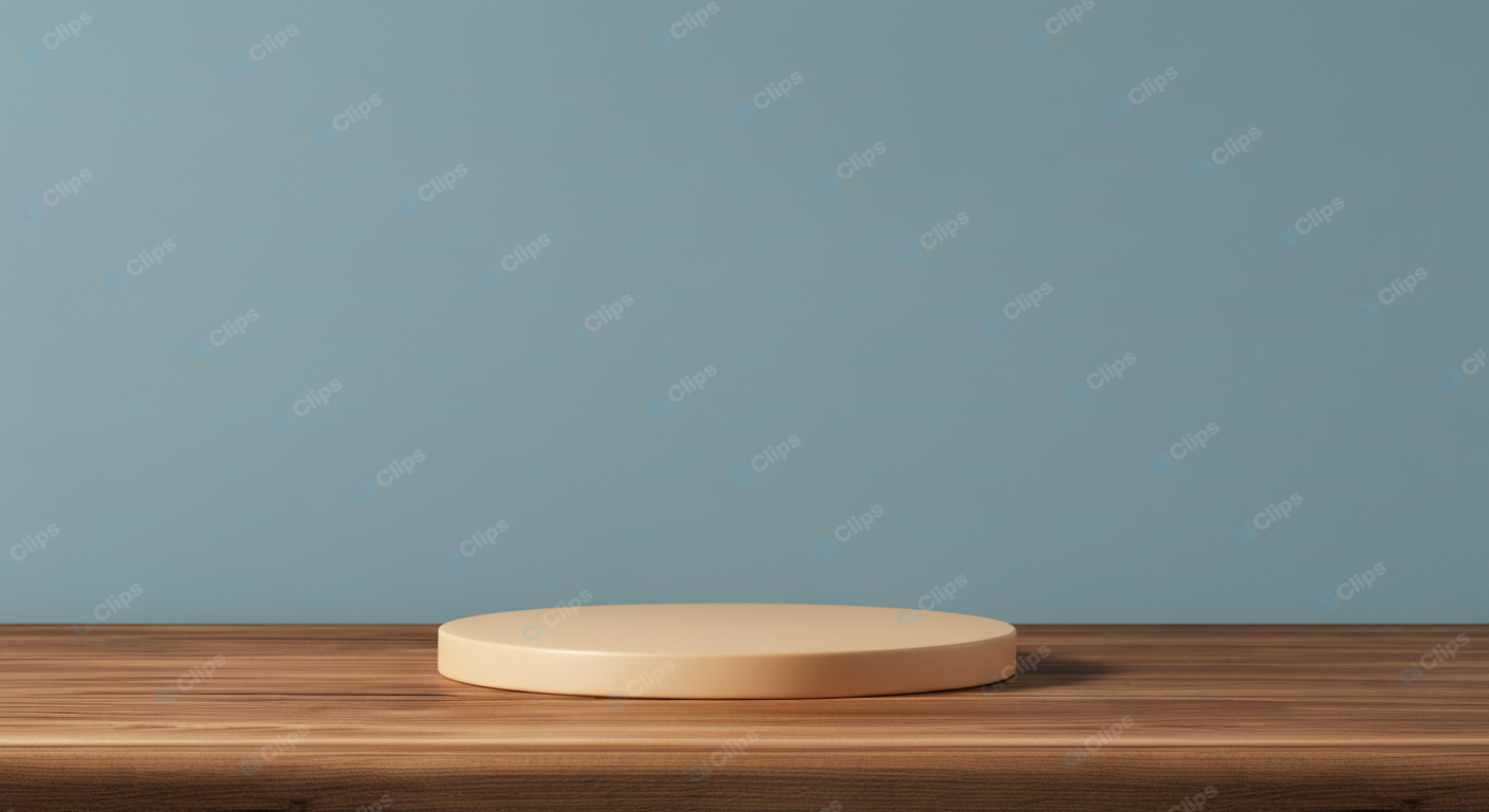 Wooden Table with Empty Display Pedestal Against Blue Wall