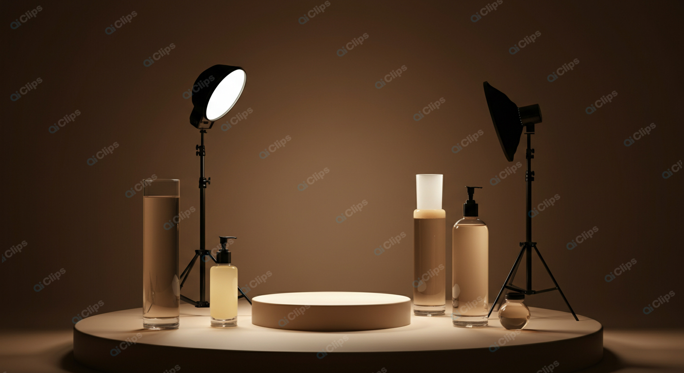 Studio Display with Cosmetic Bottles and Lighting Equipment