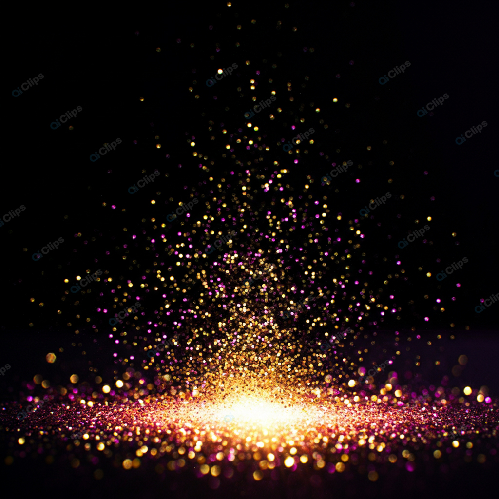 Glittering Gold and Purple Light Particles on Black Background