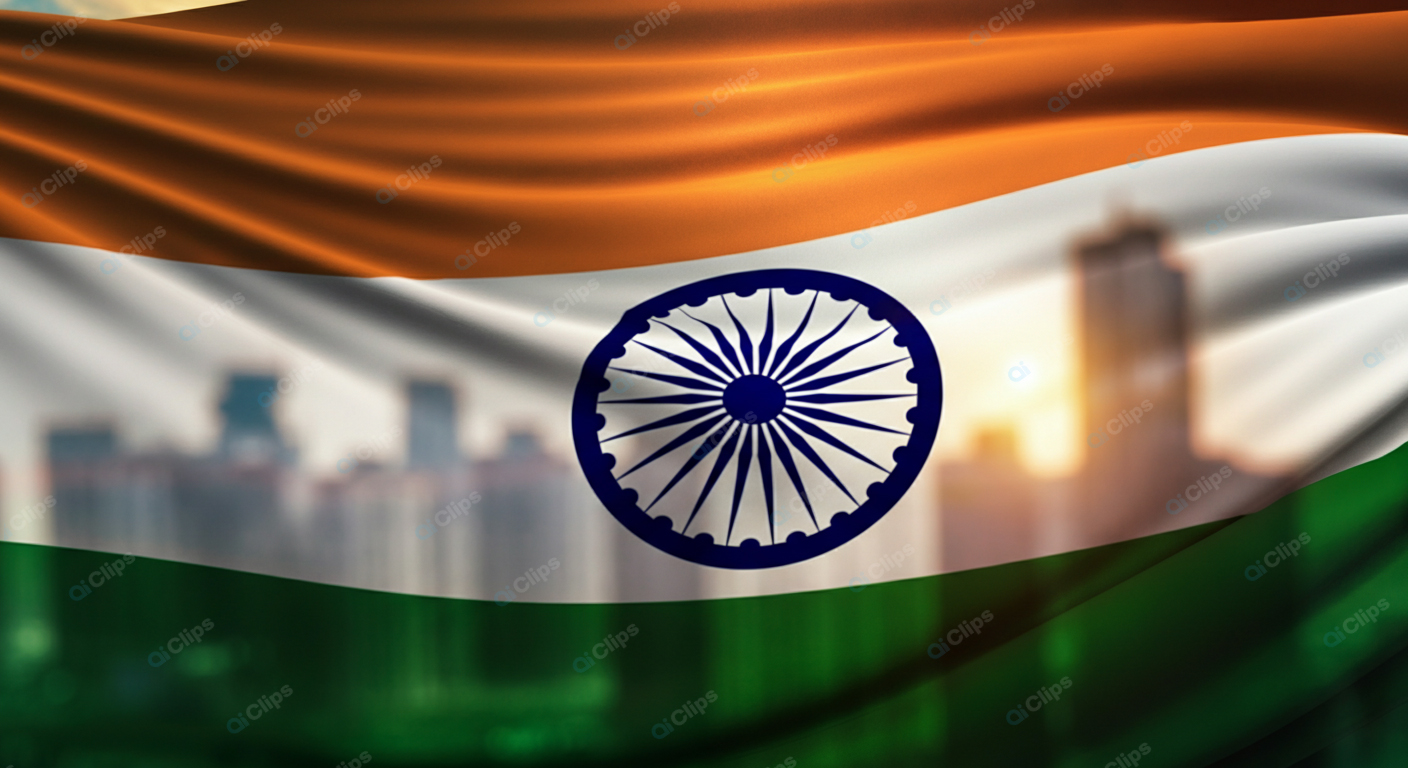 Indian Flag with City Skyline in Background