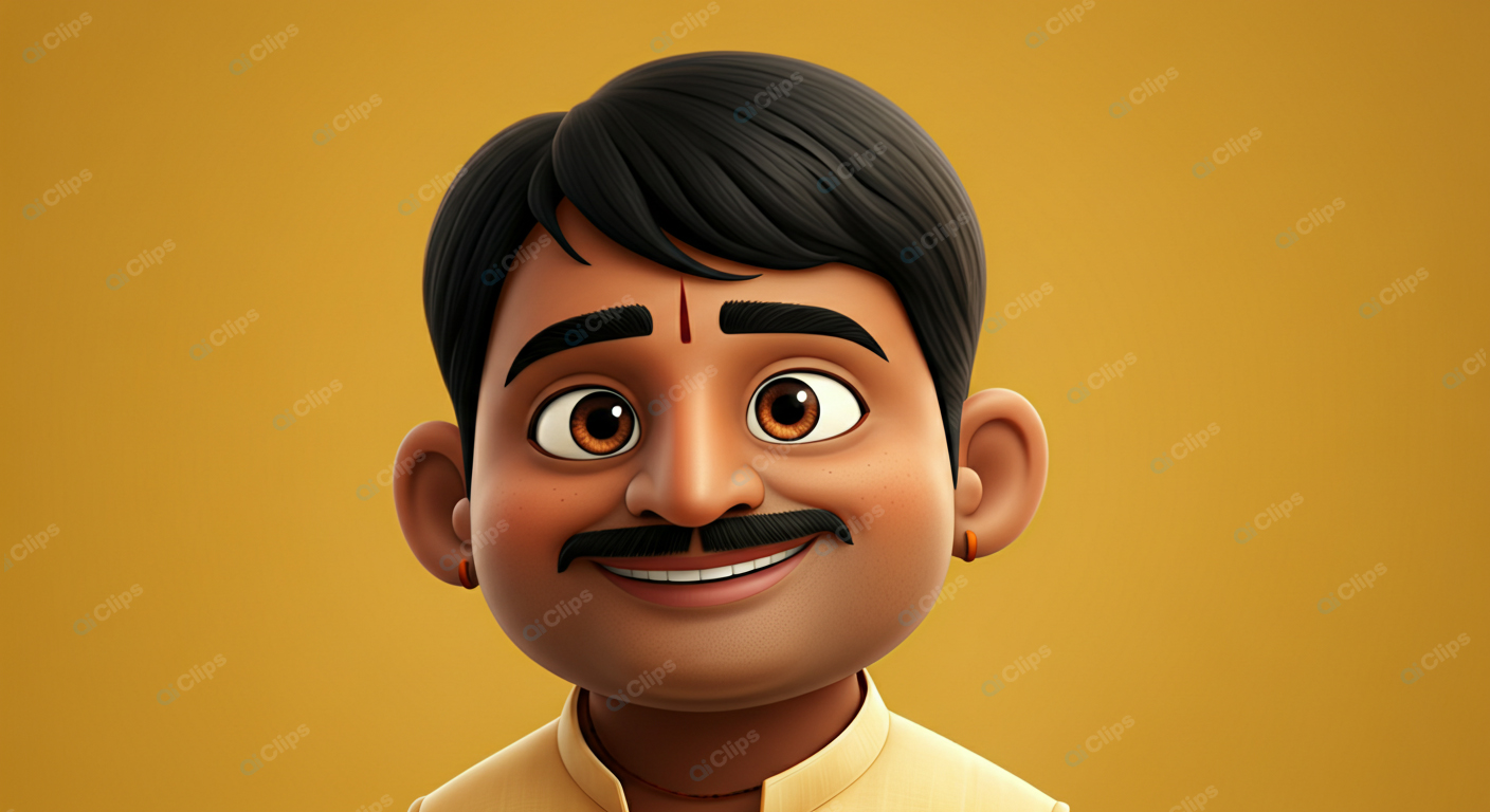 Smiling Cartoon Character with Mustache on Yellow Background