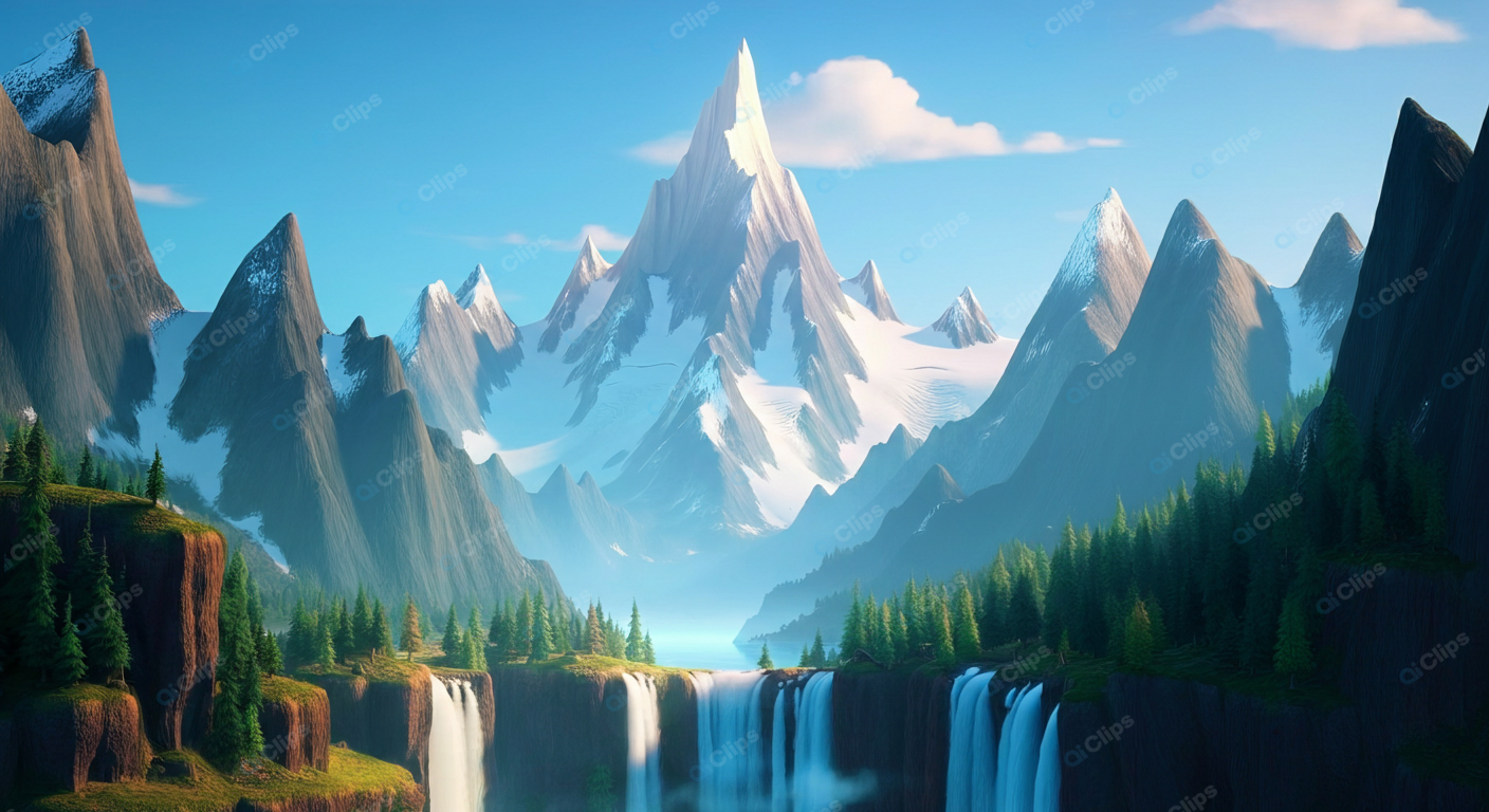 Snowy Mountain Peaks with Waterfalls and Forest Scenery